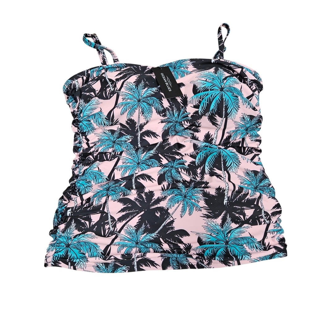 Ocean Blues Tankini Top Women XL Pink Teal Palm Leaf Print Tropical Swimwear